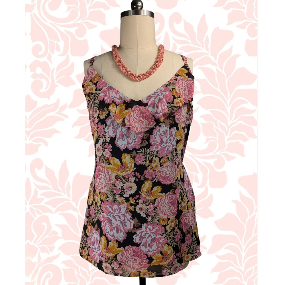 City Chic Floral Georgette Ruffle Camisole Top Black Pink XXL NWT